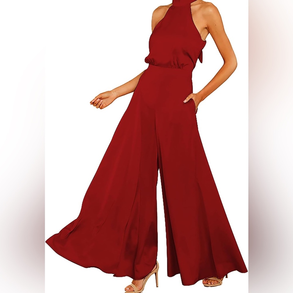 S-DEER Chic Halter Neck Ruby Red Jumpsuit